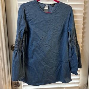 Hannah Washed Blue Smocked-Sleeve Tunic